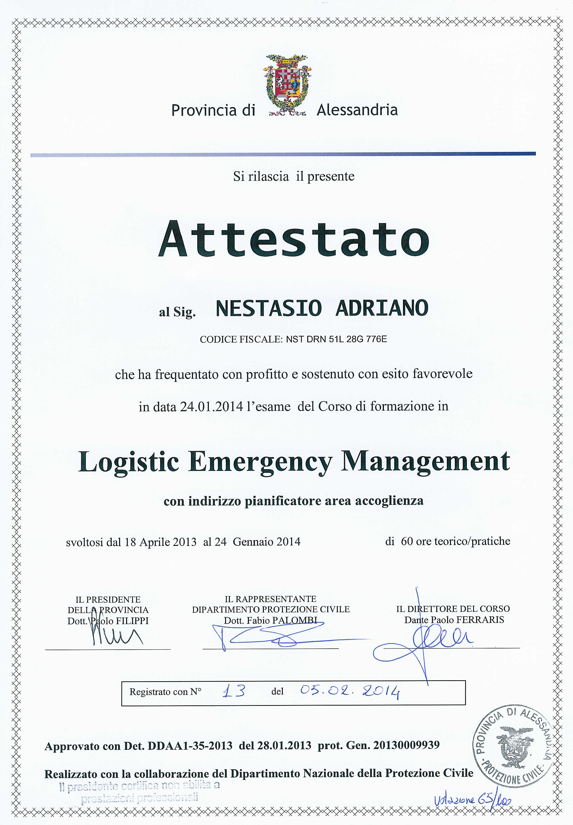 L'attestato di superamento dell'esame di Adriano Nestasio L'attestato di superamento dell'esame di Adriano Nestasio